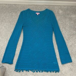 Lilly Pulitzer Blue Athena Crochet Tunic with Pom Pom Hem, size Small